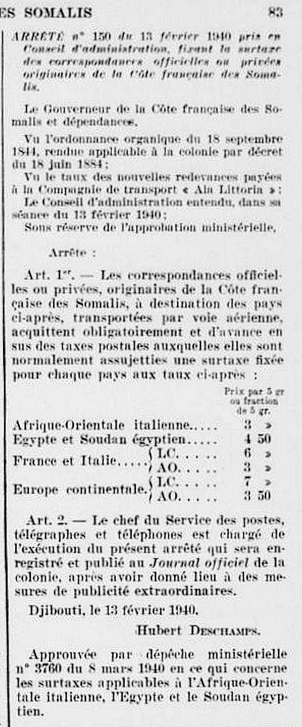Surtaxes ériennes Côte Française des Somalis  13 février 1940
