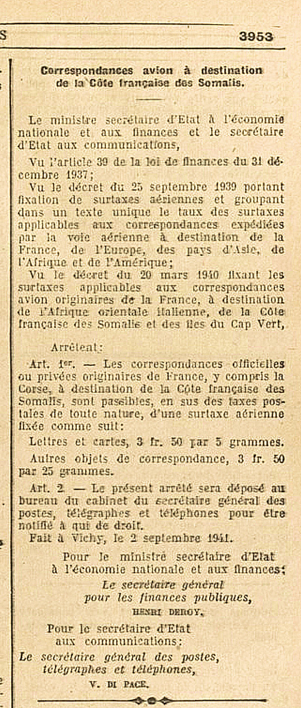 surtaxes aériennes vers la Côte Française des Somalis 2 septembre 1941
