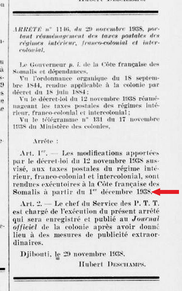 tarif postal Côte Française des Somalis novembre 1938