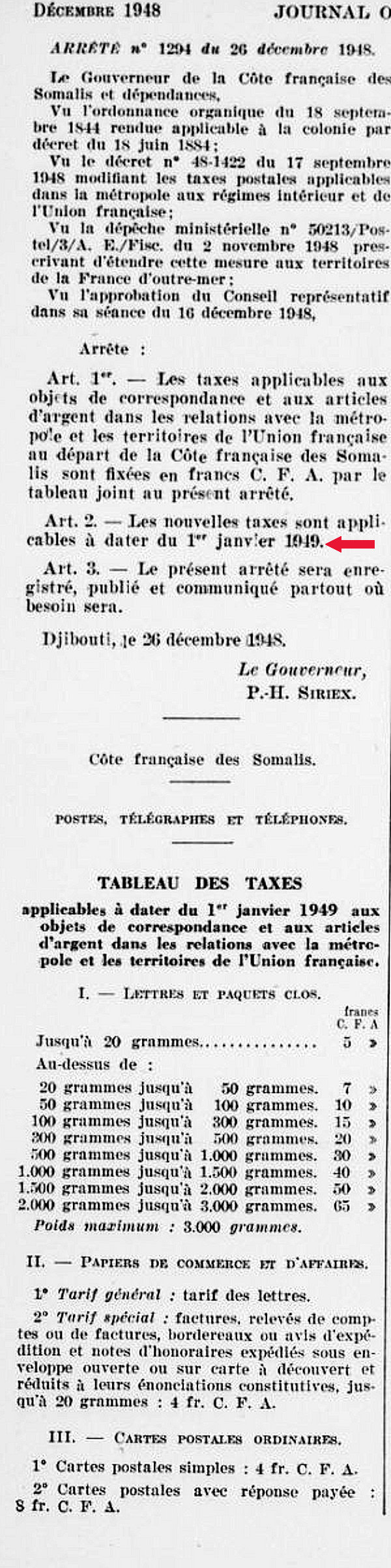 Tarifs Union Française Djibouti 1er janvier 1949