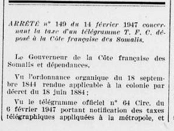 Tarif télégrammes Côte Française des Somalis 16 février 1947