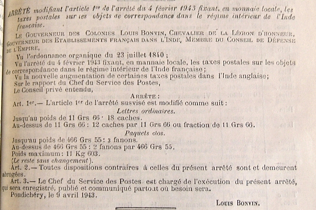 tarifs intérieurs avril 1943