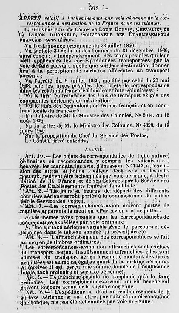 Tarif surtaxes aériennes Inde franco-colonial 5 avril 1940