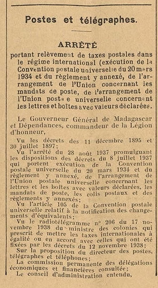 Tarif étranger Madagascar 31/12/38