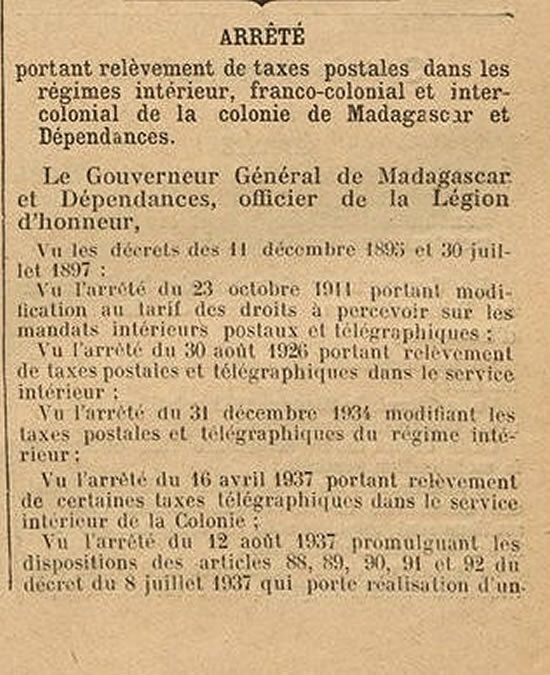 tarif colonial 1/12/39