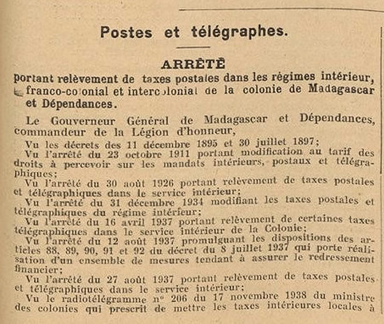 Tarif colonial 3 /12 /1938