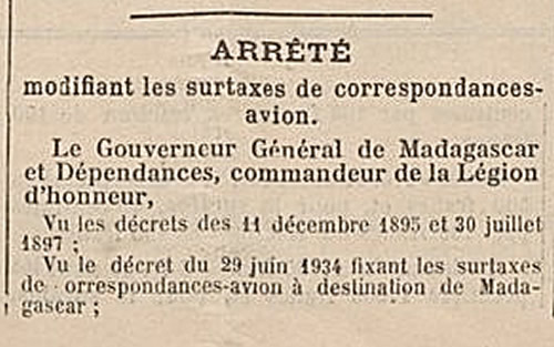 surtaxe aériennes Madagascar 1937