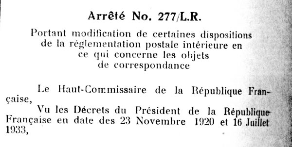 arrêté relatif aux tarifs postaux intérieurs au Levantfrançais 28/1/35