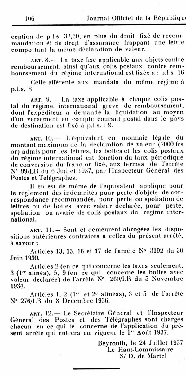 Tarifs postaux internationaux au départ du Levant juillet 1937