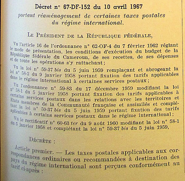 Tarifs internationaus au départ du Cameroun 10 avril 1967