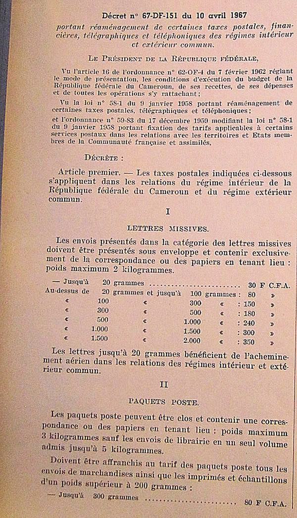 Traif postaux au départ du Cameroun 10 avril 1967