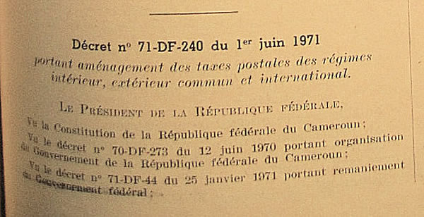 Tarifs postaux du Cameroun 1er juillet 1971