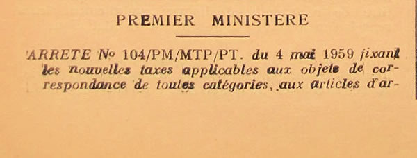 Tarif international au départ du Togo 1er mai 1959