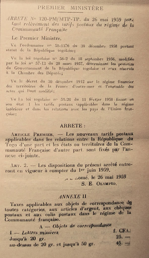 Tarif postal Togo régime commun 1er juin 1959