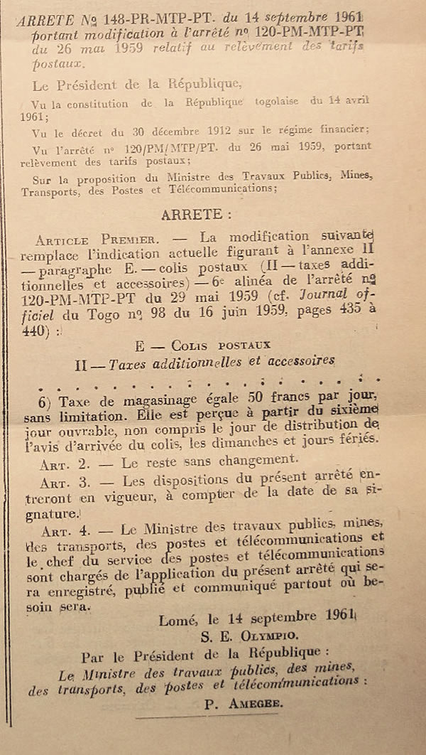 Modofication des tarifs des colis postaux au Togo 14 septembre  1961