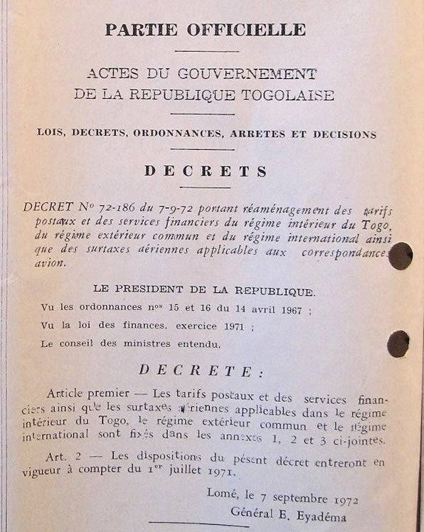 Tarifs postaux du Togo régime intérieur, régime étendu et régime international
1er juillet 1971 (décret du 7 septembre 1972)