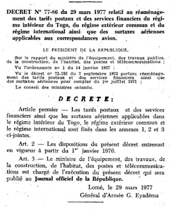 tarifs postaux du Togo 1er janver 1976