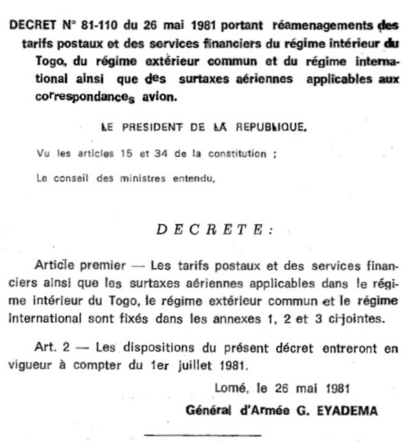 Tarifs postaux régimes intérieur, étendu  et international au départ du Togo 1er juillet 1981