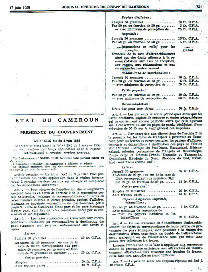 Tarifs postaux pour l'étranger au départ du Cameroun juin 1959