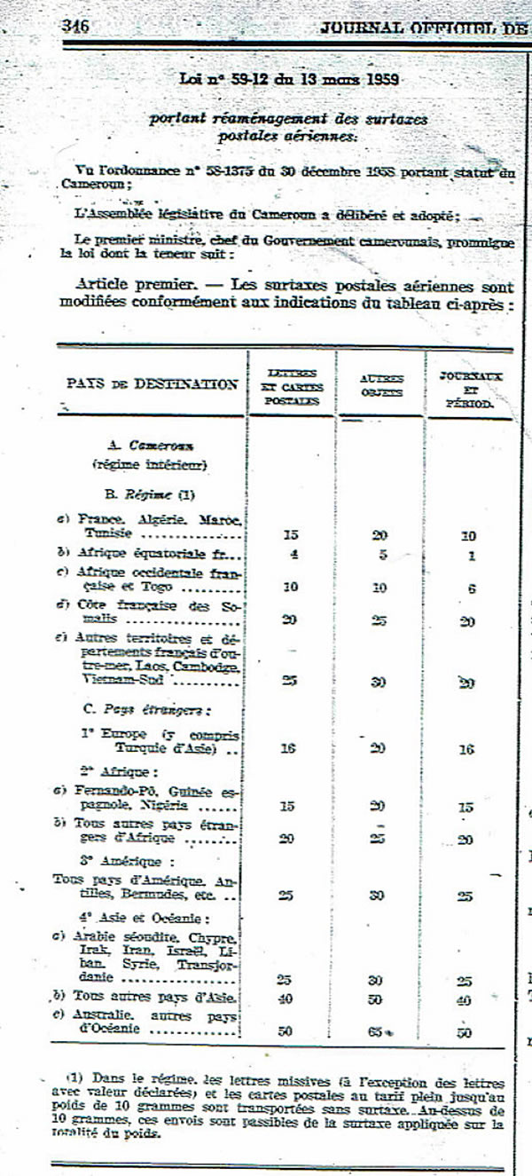 Journal Officiel du Cameroun mars 1959 surtaxes postales aériennes