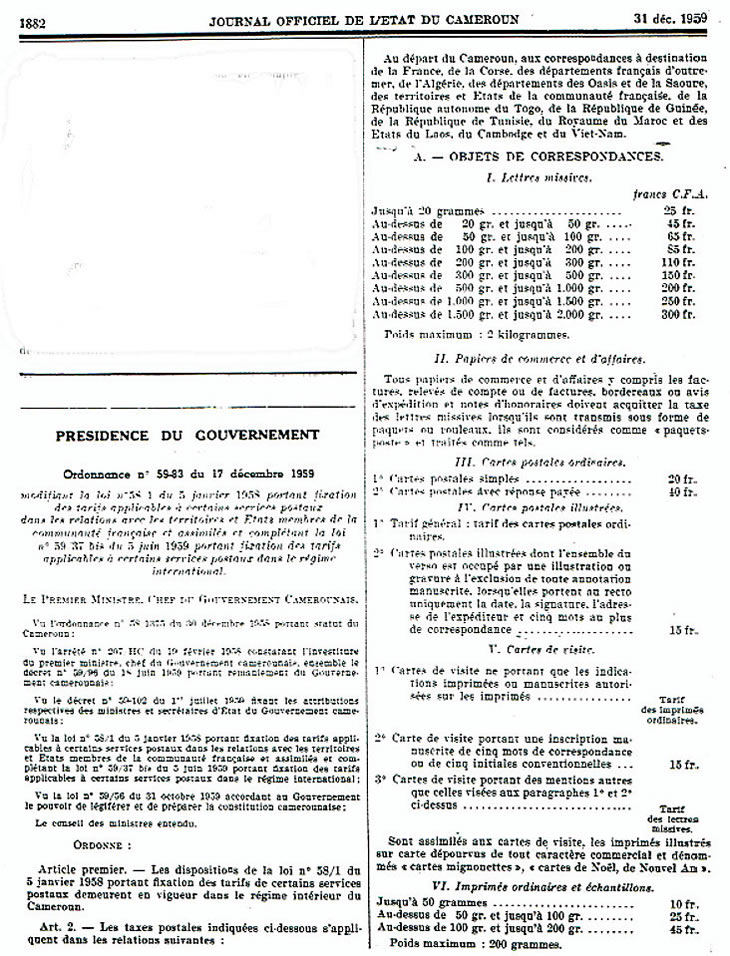 Tarifs postaux tous pays au départ du Cameroun janvier 1960