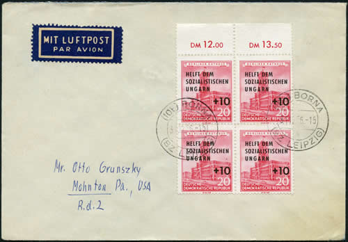 Timbres DDR contre la révolte de Budapest sur lettre