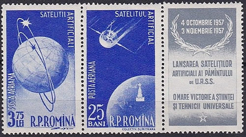 Timbre de Roumanui e célébrant les deux premiers Spoutnik