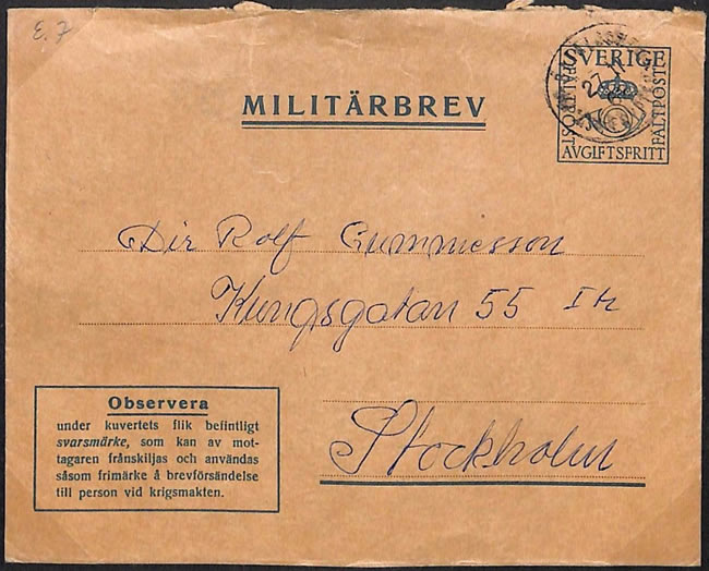 entier postal militaire suédois utilisé à Suez