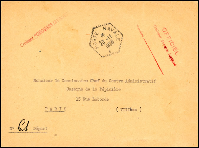 Georges Leygues avec cachet hexagonal Poste Navale 1956