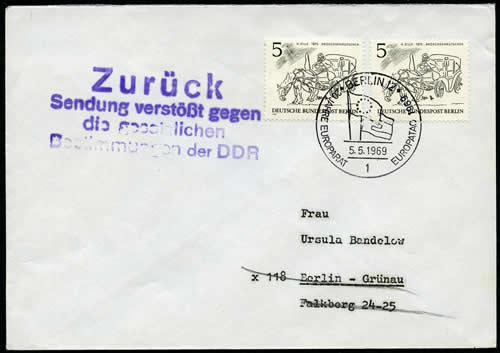 20ème anniversaire du Conseil de l'Europe, lettre retournée à l'envoyeur par la RDA