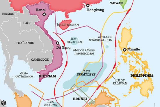 Carte montant l'île de Hainan ainsique les Paracels et les Spartley