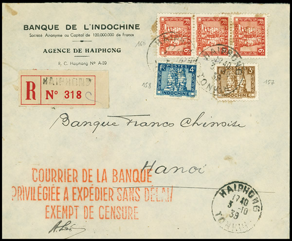 Lettre recommandée de l'agence Banque de l'Indochine de Haiphong exemptée de censure
