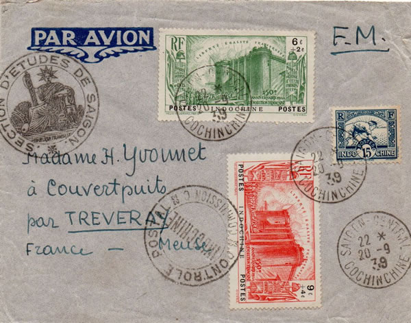 Lettre en franchise militaire censure C de saigon sep 1939