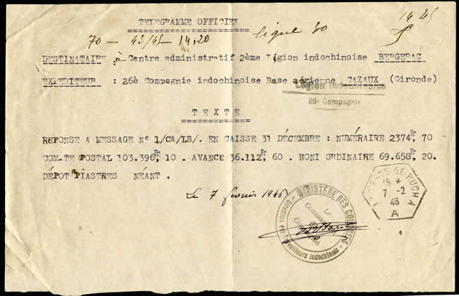 Télégramme légion Indochinoise 1946
