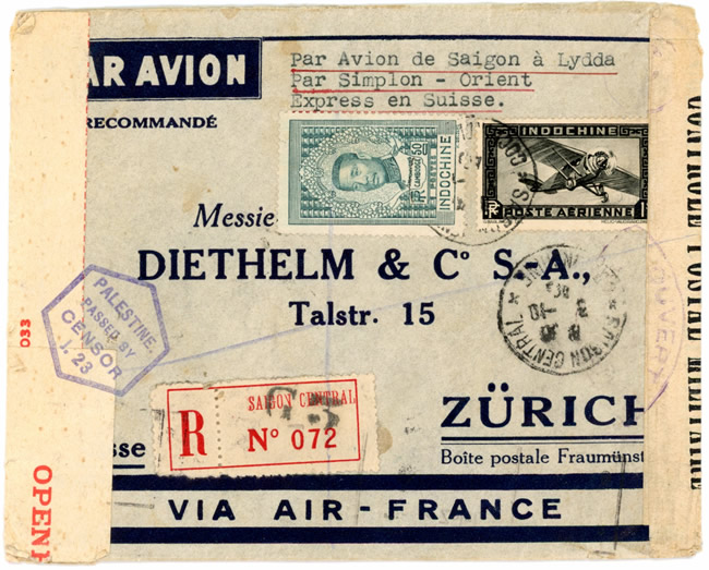 Lettre recommandée de Saigon pour Zurich via Lydda