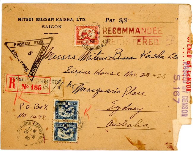 Lettre recommandée de Saigon pour L'Australie aout 1940