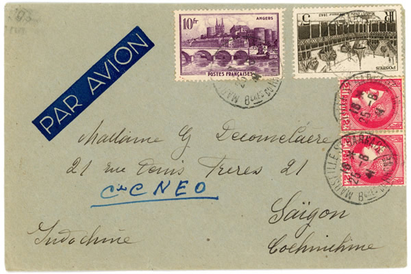 Lettre par avion Marseille Saigon 1941 via USA