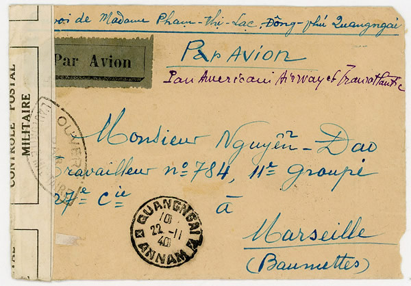 Lettre QuangNgai pour Marseille par avion 22/11/40 voie USA