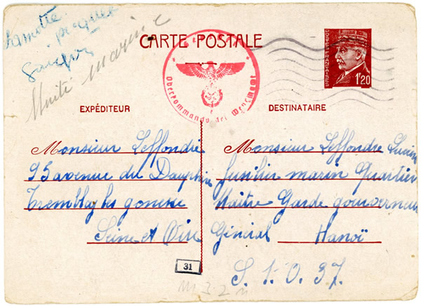 Entier Pétain 1F20 de la Seine-et-Oise pour Hanoi