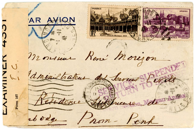 Lettre de Saint-Amand Monron (zone libre) pour Pnom Penh arrêtée sur le trajet à cause de Pearl harbor