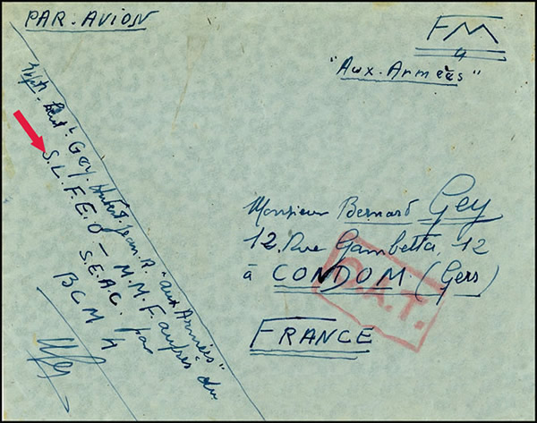 Lettre en provenance de la Section de Liaison Française auprès de South East Asia Command à Calcutta
