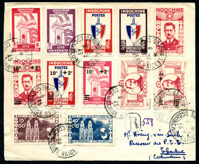 Lettre philatélique avec les timbres disponibles avant le coup de force japonais