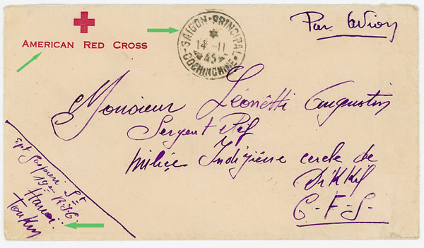 Lettre de Hanoi pour la Somalie transportée par la Croix-Rouge américaine 1945