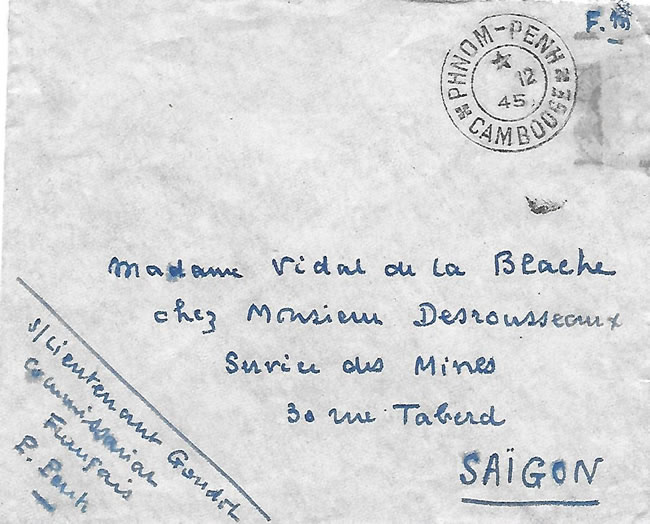 Lettre avec oblitération provisoire de Phnom Penh décembre 1945