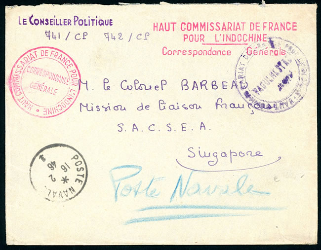 Lettre de Saigon pour le SAC SEA à Singapour 1946