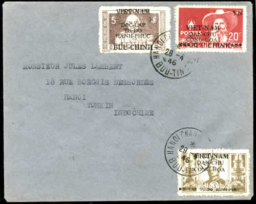 Timbres d'Indochine non-émis surchargés sur lettre