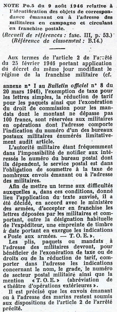 Note du 9-8/46 sur les timbres-à-date T.O.E.