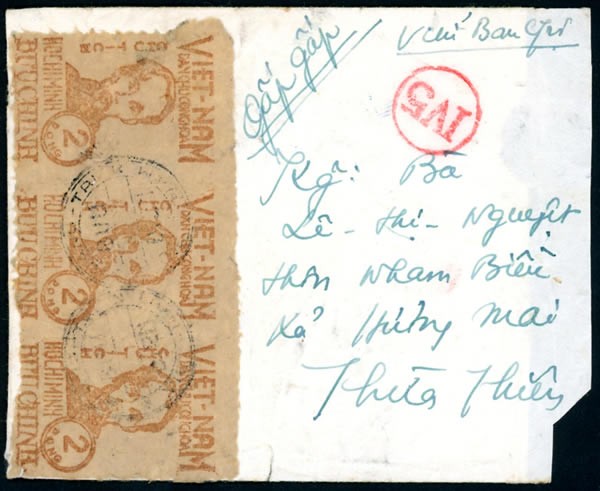 Lettre de Quang Tri pour Thua Thien affranchie à 6d pour valoir 60d avril 1951