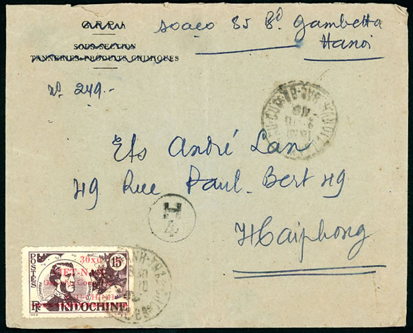 Lettre censurée de Hanoi pour Haiphong affranchie à 30 xu octobre 1946