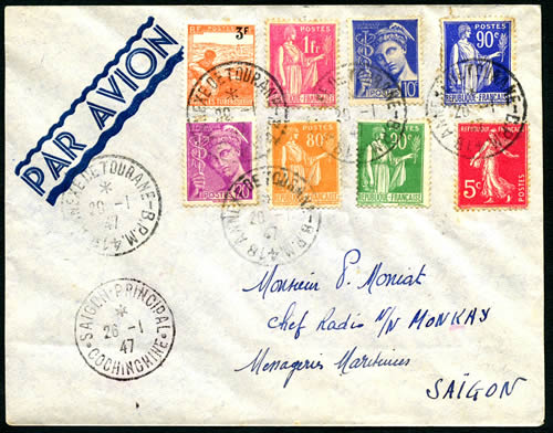 Tourane affranchissements en timbres français, oblitéré bPM 418 arrivee Saigon 26/1